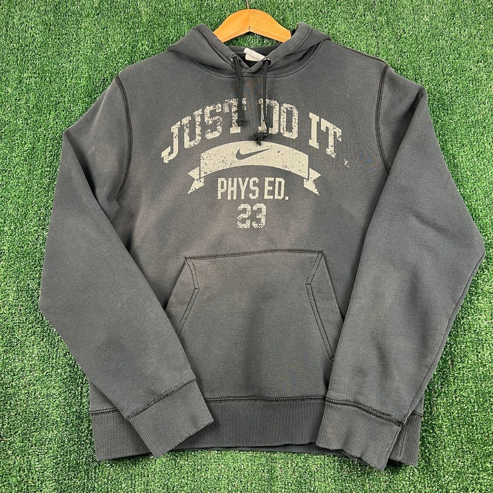 VTG Nike Hoodie Mens Medium Faded Black Just Do It Phys Ed 23 Graphic Fleece Y2K